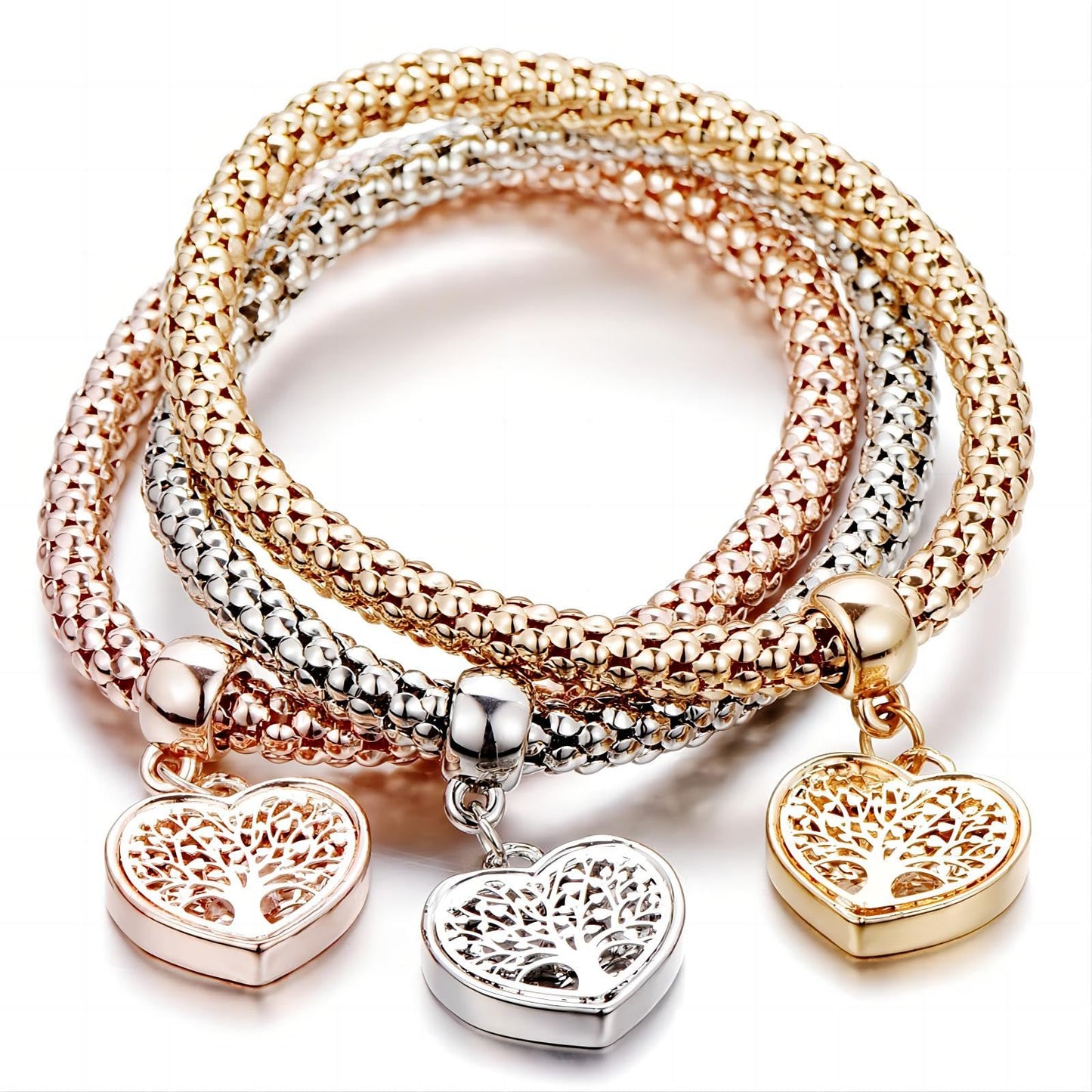 AONAT Crystal Charms Multilayer Bracelets - 3PCS Gold/Silver/Rose Gold Corn Chain Bracelet for Women, Tree of Life Stretch Bracelet