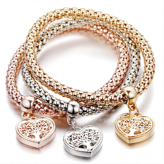 AONAT Crystal Charms Multilayer Bracelets - 3PCS Gold/Silver/Rose Gold Corn Chain Bracelet for Women, Tree of Life Stretch Bracelet