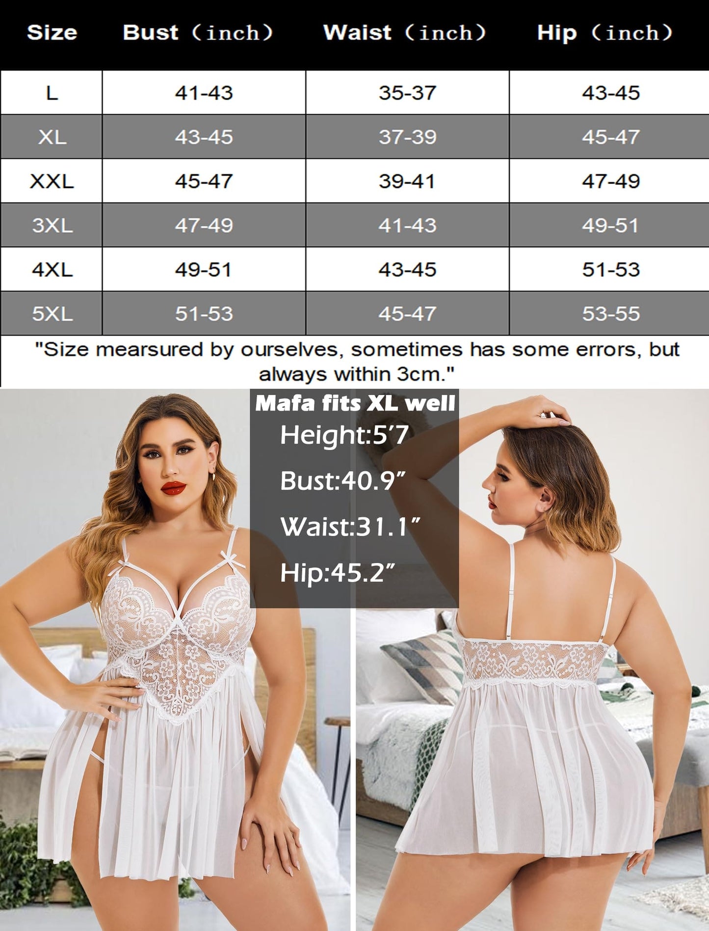 Avidlove Sexy Plus Size Lingerie for Women Lace Babydoll Chemise V Neck Sleepwear Mesh Nightwear Side Slit Nightie White