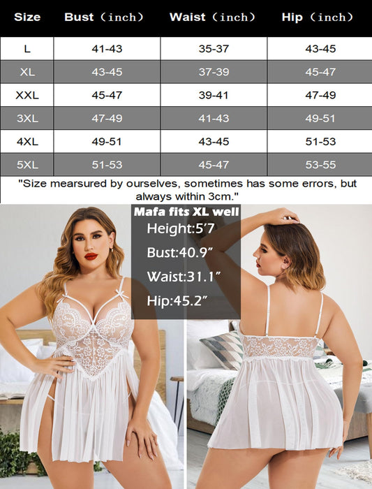 Avidlove Sexy Plus Size Lingerie for Women Lace Babydoll Chemise V Neck Sleepwear Mesh Nightwear Side Slit Nightie White