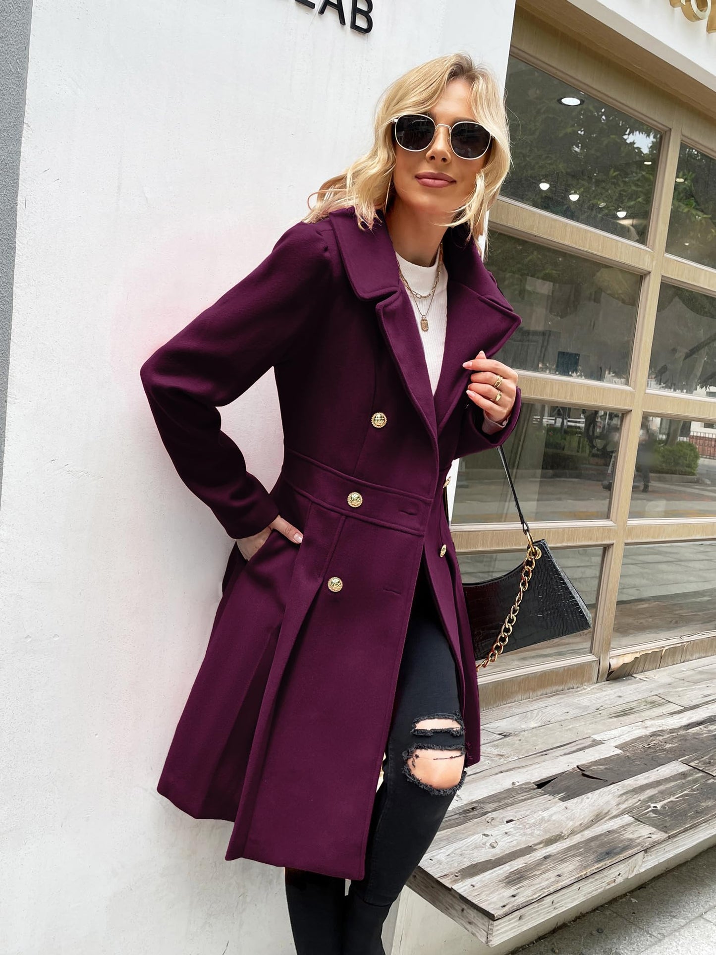 GRACE KARIN Women's Elegant Double-Breasted Coat Windproof Trench Coat Outwear for Winter A-Line Peacoat L Dark Purple