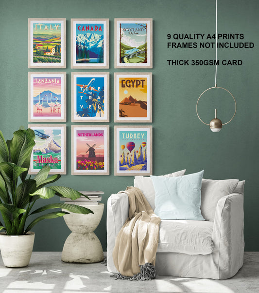 Olivia Samuel 9 x Vintage Travel Posters from A4 Size on thick 350gsm card. Set 2 ** UNFRAMED **