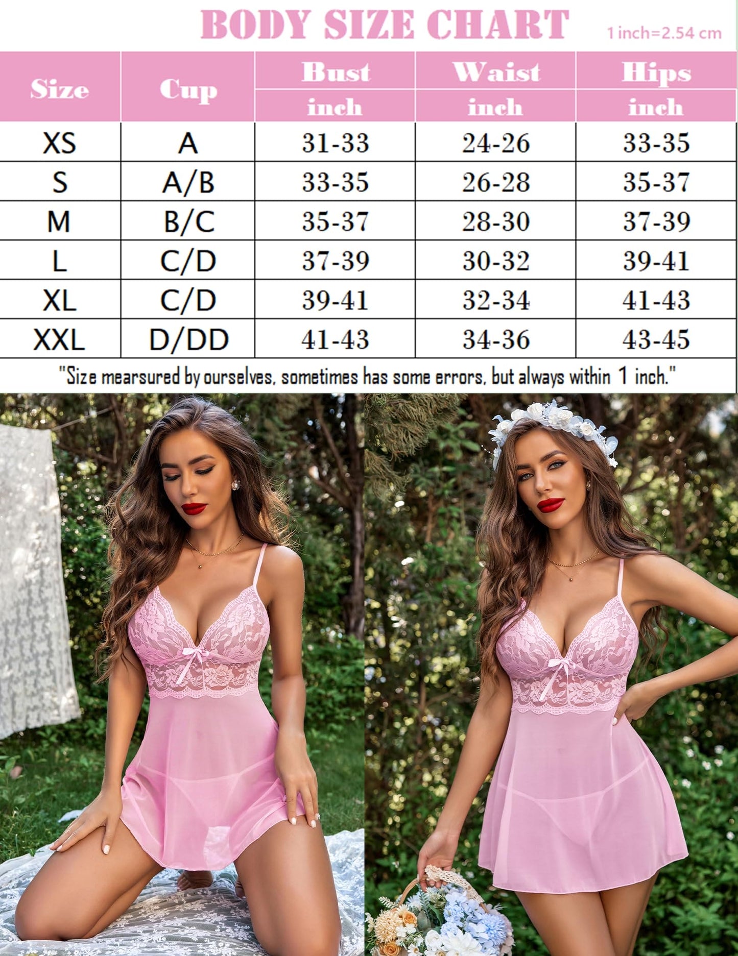 Avidlove Womens Lingerie V-Neck Lace Babydoll Sexy Teddy Sleepwear Strap Chemise Pink Small