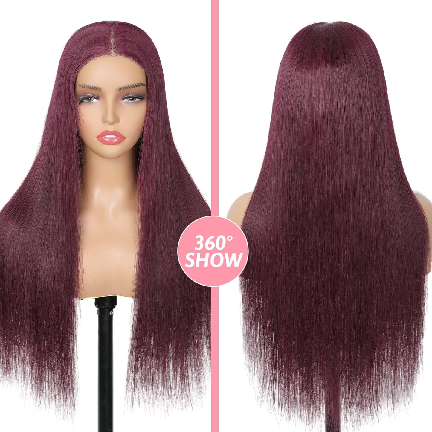 HD Lace Glueless Wig Wear and Go Brazilian Straight Lace Wigs Human Hair Burgundy Wig For Women ShowJarlly No Glue 5x5 Lace Pre Cut Wig Transparent Lace Closure Wigs 180% Density 22 Inch 99J#