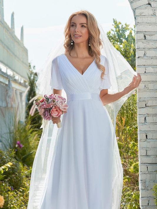 Ever-Pretty Women's Elegant Double V Neck A Line Empire Waist Short Sleeve Long Chiffon Wedding Dresses White 18UK