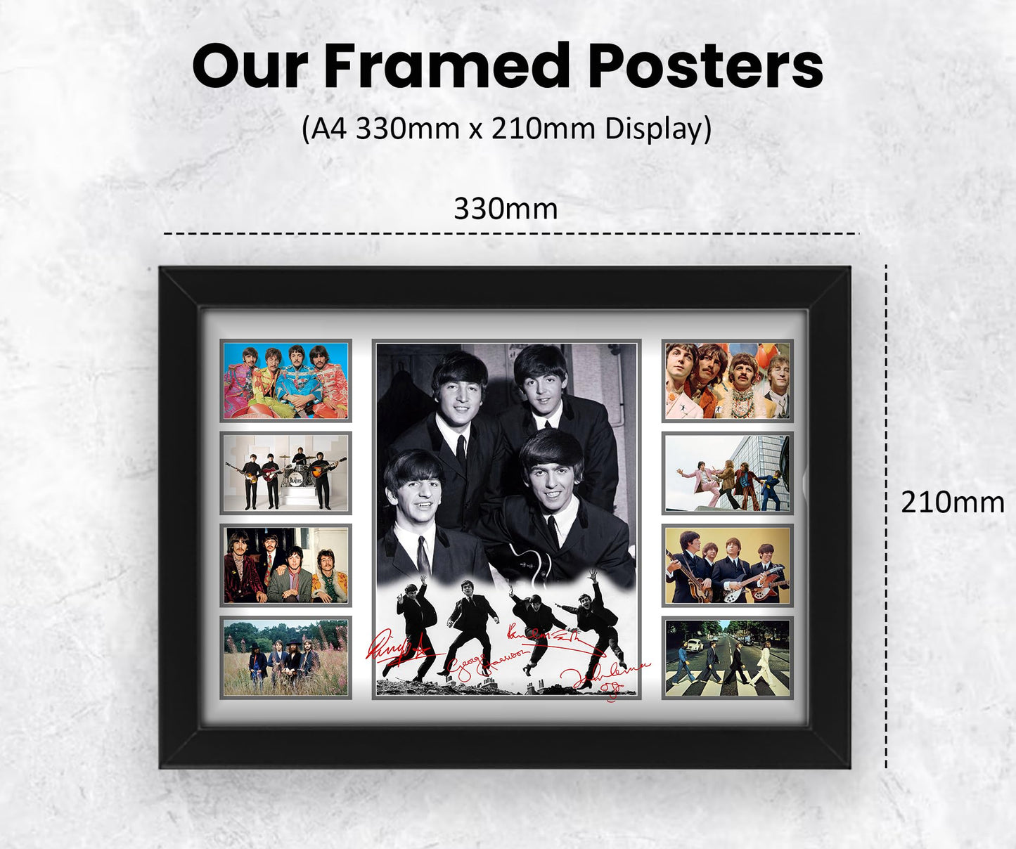 The Beatles Signed Poster Print- Limited Edition Autograph Fan Gift – Collectible Memorabilia Merchandise Autographed by Paul, John, George, & Ringo Starr (Framed A4 (30x21cm))