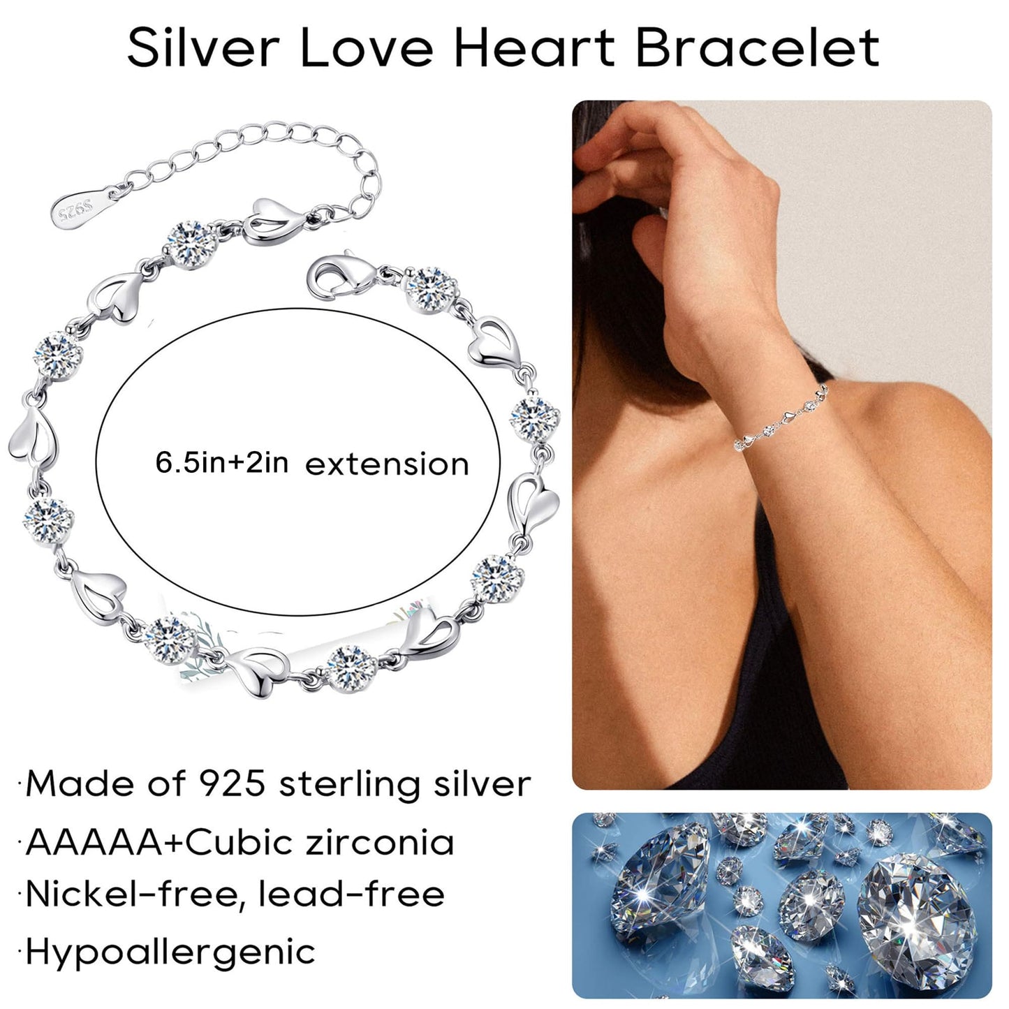 EXGOX Silver Bracelet for Women,925 Sterling Silver Love Shiny Crystal Diamond Adjustable Heart Bracelet for Women Girls