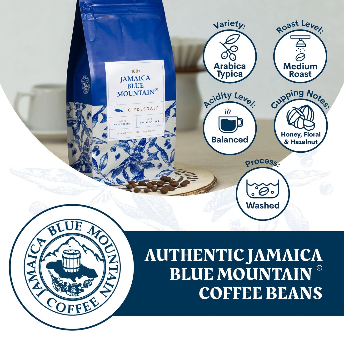 JA Coffee – 100% Jamaica Blue Mountain Coffee, Medium Roast, Whole Beans - Premium Arabica, Bag of 454 grams (1 Pound - 16 ounces)