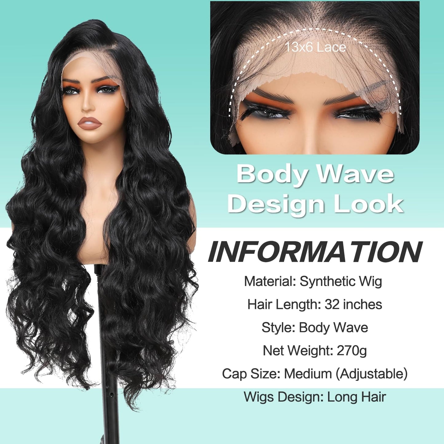 Humistwbiu Body Wave Wigs 13x6 Lace Front Wig Pre-Plucked Hairline with Baby Hair Transparent Swiss Lace Heat Resistant Synthetic Hair Glueless Lace Front Wavy Wigs for Women 32 Inch (#Black）