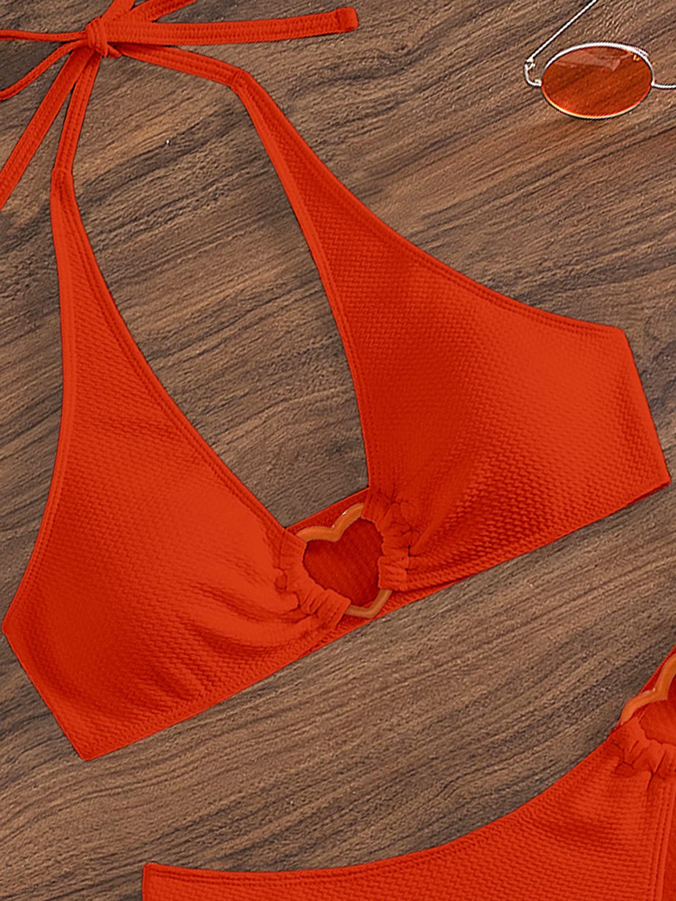 OYOANGLE Women's 2 Pieces Bikini Swimsuit Set Cute Heart Ring Textured Halter Bikini Swimwear Pure Orange L