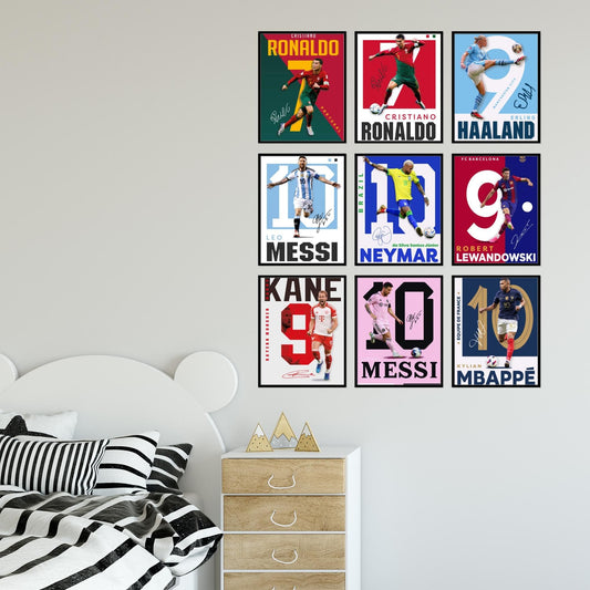 BigWig Prints Soccer Poster - Soccer Posters For Boys Bedroom, Messi And Ronaldo Poster, Messi Posters For Boys Bedroom, Soccer Wall Art, Messi Wall Art, Ronaldo Posters - Unframed Set Of 9 (8x10”)