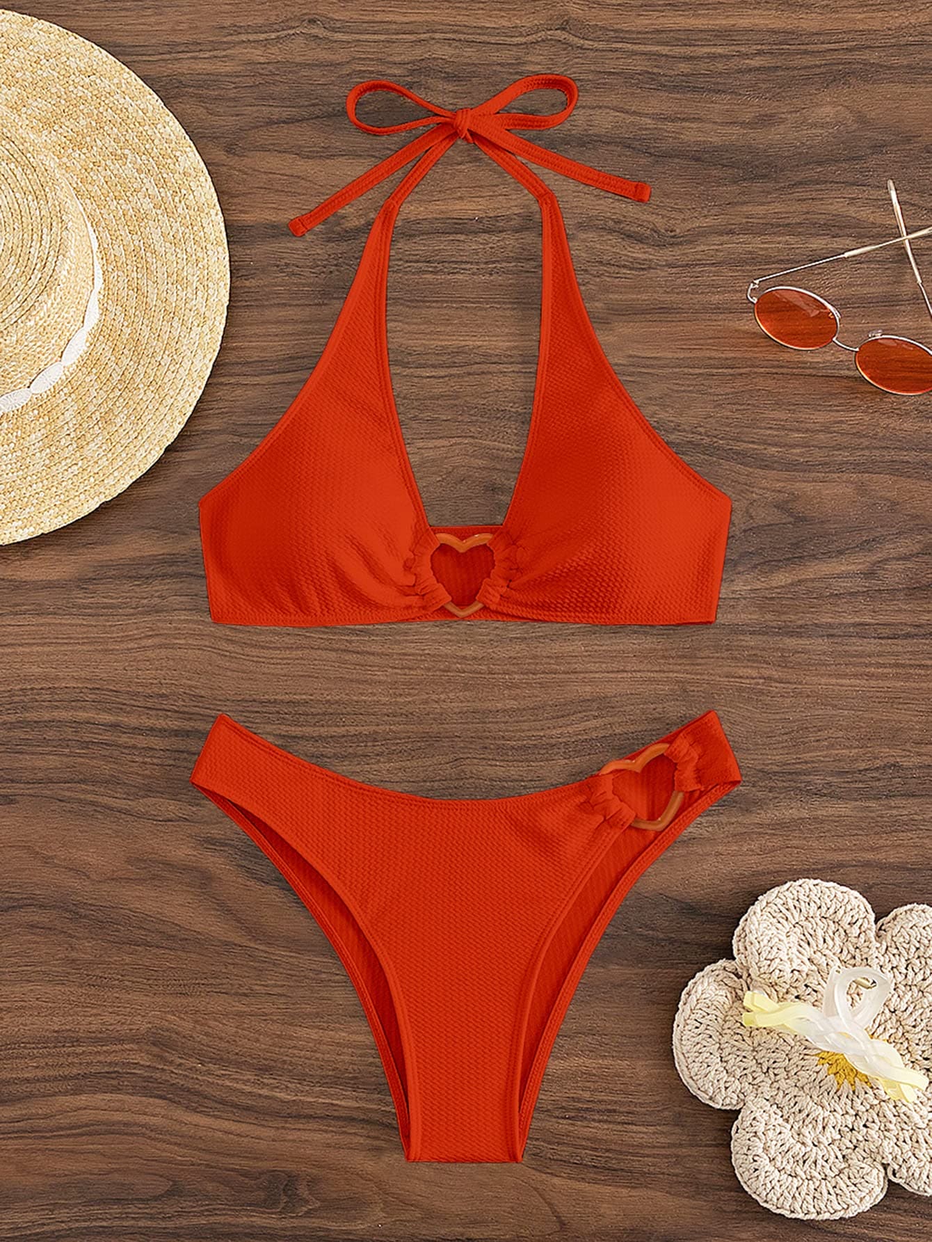 OYOANGLE Women's 2 Pieces Bikini Swimsuit Set Cute Heart Ring Textured Halter Bikini Swimwear Pure Orange L