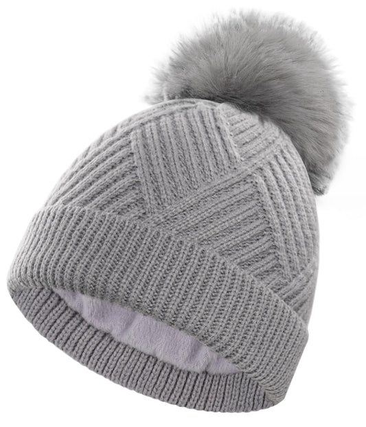 YESWEL Beanie Hats for Women,Warm Winter Hats, Bobble Knitted Hats Thermal Layer Fleece Lined with Detachable Pom Pom for Outdoor Skiing (Lightgrey)