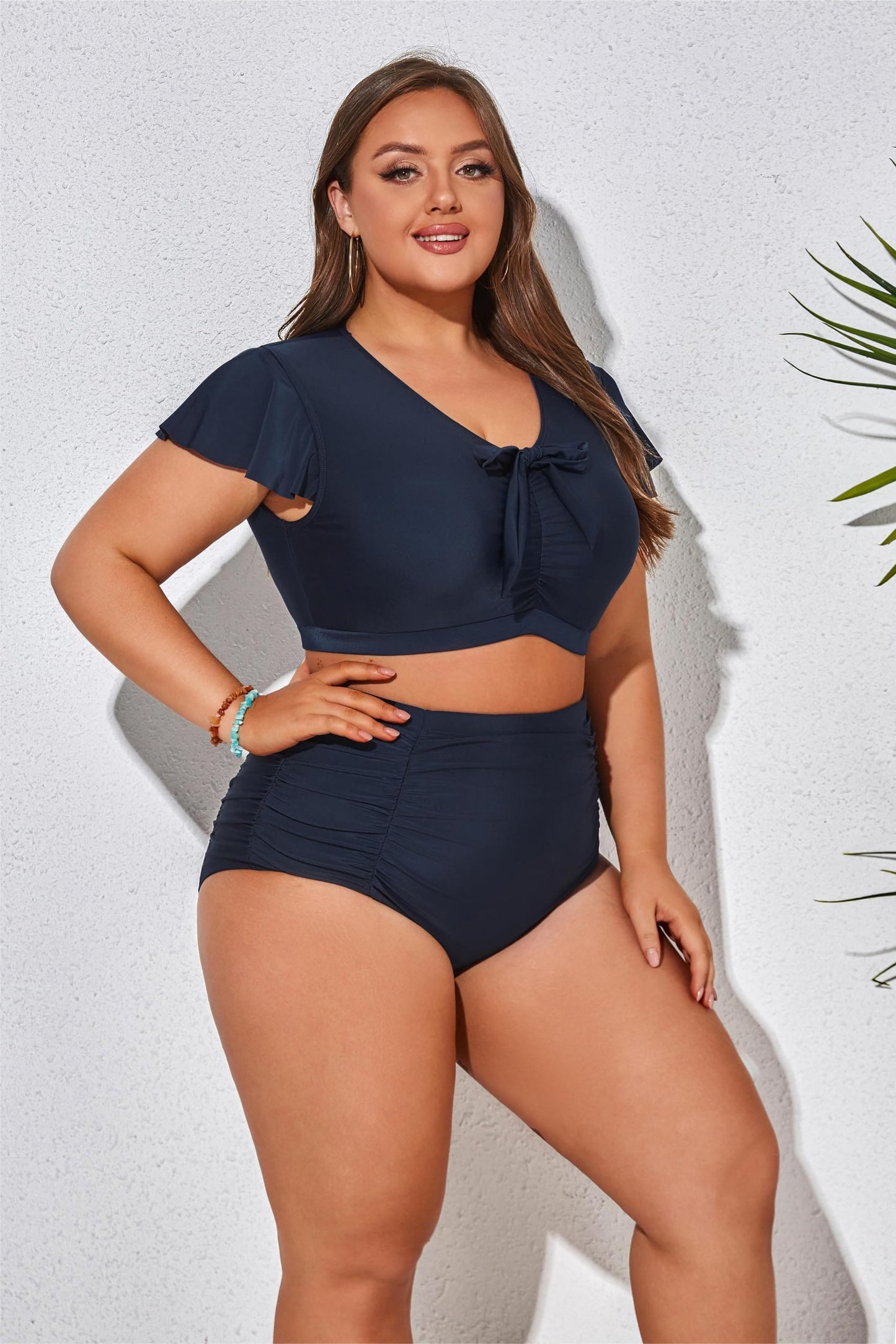 Hanna Nikole Women Push Up Swimwear V Neck Tummy Control Bikini Summer for Chubby Navy Blue 22