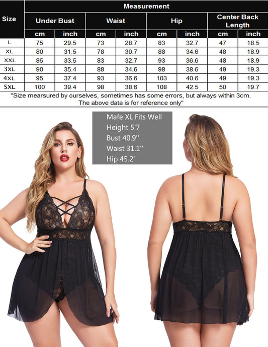 Avidlove Plus Size Lace Chemsie Woman Lingerie Babydoll Sleepwear Bridal Nightdress (Black, XXL)