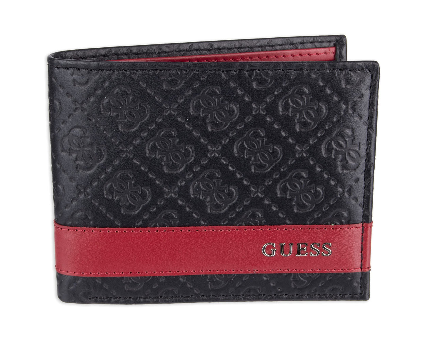 Guess Men's Leather Slim Bifold Wallet, Black/Red, One Size