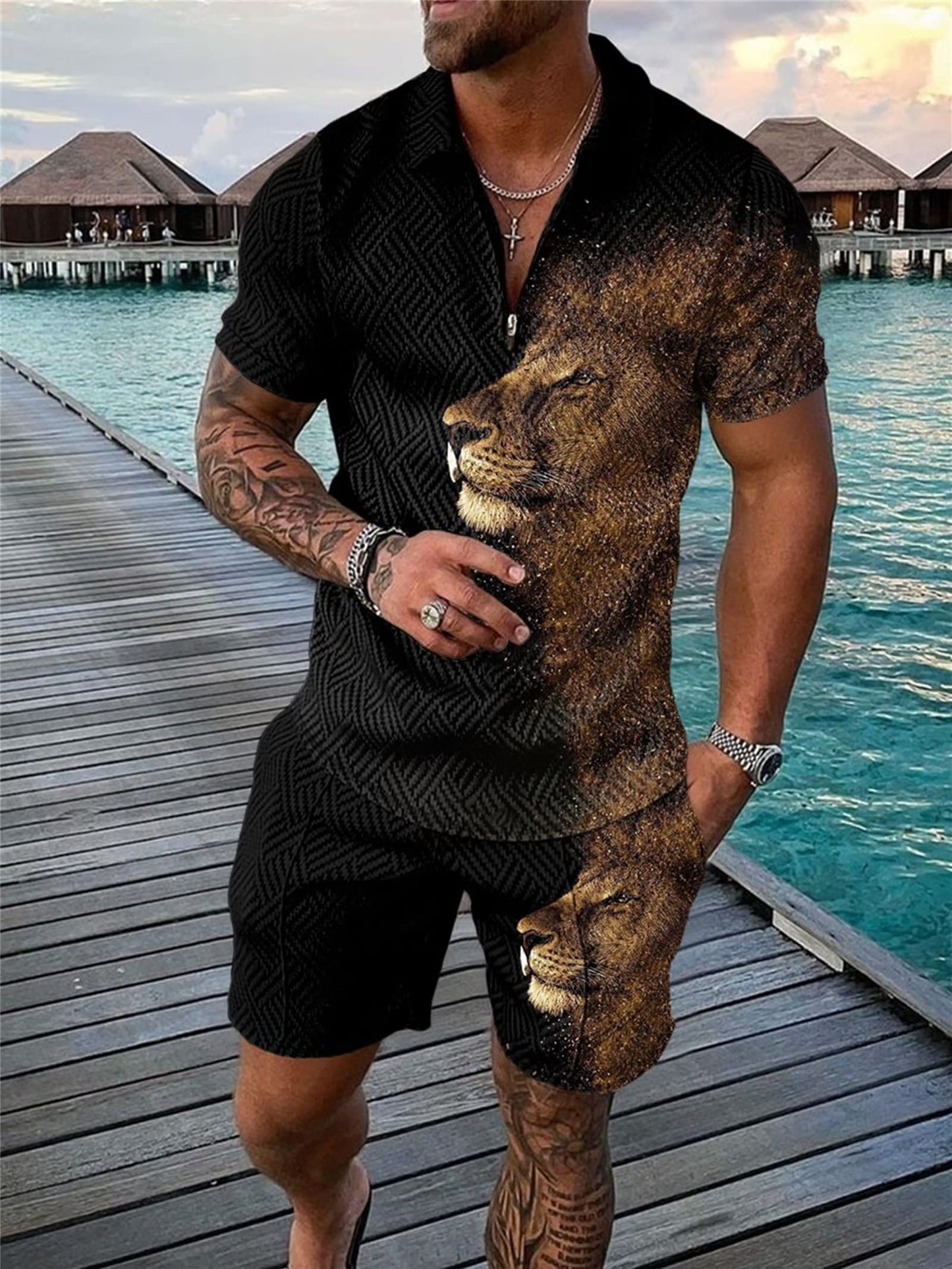 XL Black Mixed Gold Lion Mens Short Sets 2 Piece Outfits Fashion Summer Tracksuits Casual Set Polo Shirt Short Sleeve and Shorts Set