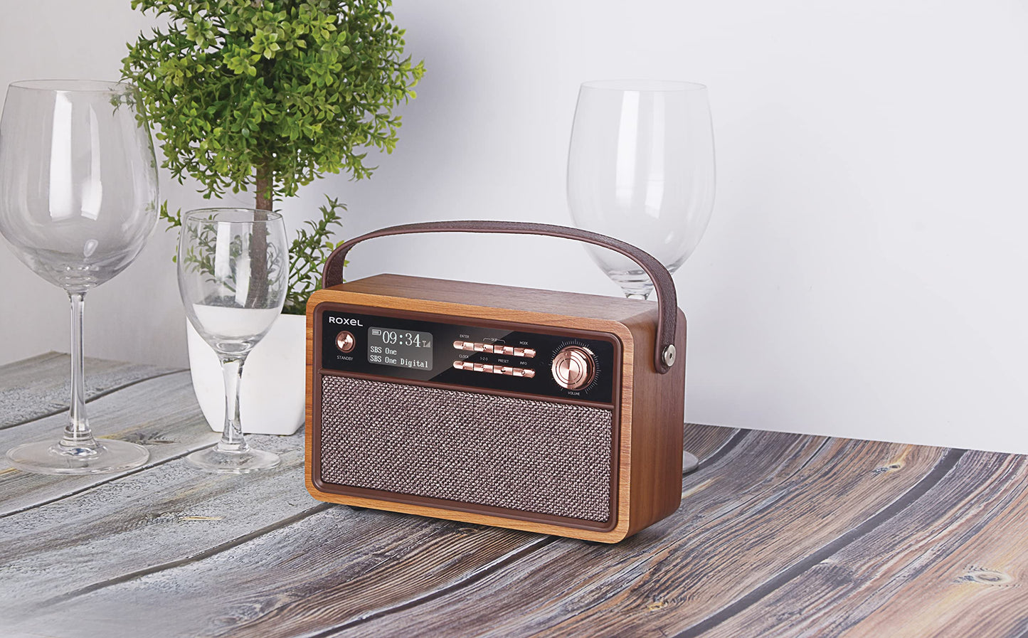 Roxel Retro D1 Vintage DAB+/FM Radio Wireless Speaker | Bedside Alarm Clock with Sleep Function. Rustic Exterior, Mains and USB Rechargeable, TF card, AUX and USB Compatible (Walnut)