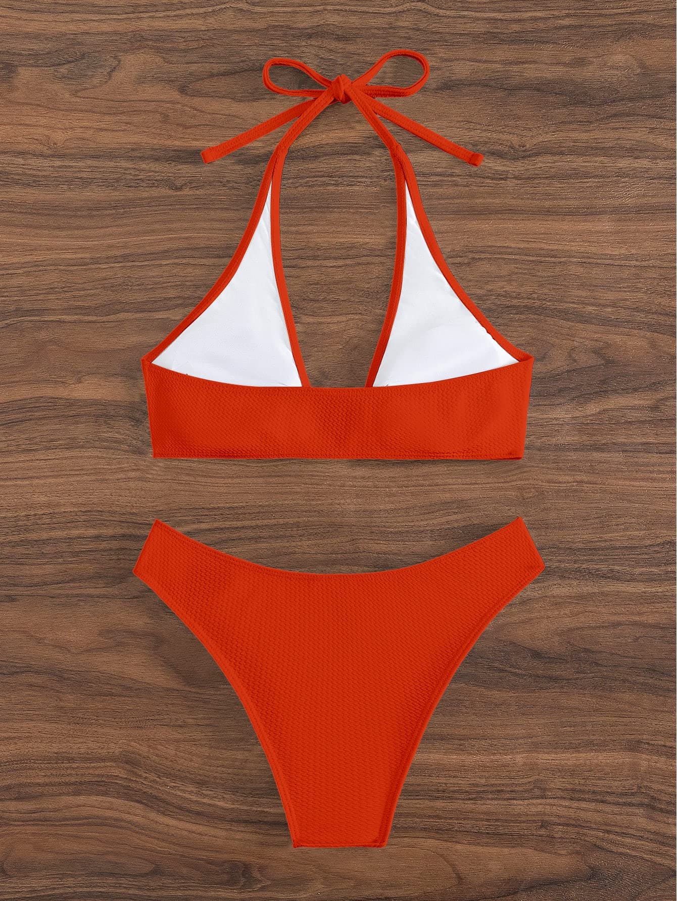 OYOANGLE Women's 2 Pieces Bikini Swimsuit Set Cute Heart Ring Textured Halter Bikini Swimwear Pure Orange L