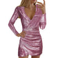 Evening Dresses Women's Sexy Glitter Mini Dresses Short V-Neck Party Dresses Slim Fit Sequin Dresses Prom Dresses Elegant Long Sleeve Pleated Wrap Dresses Plain Irregular Hem Mini Dress, hot pink, S