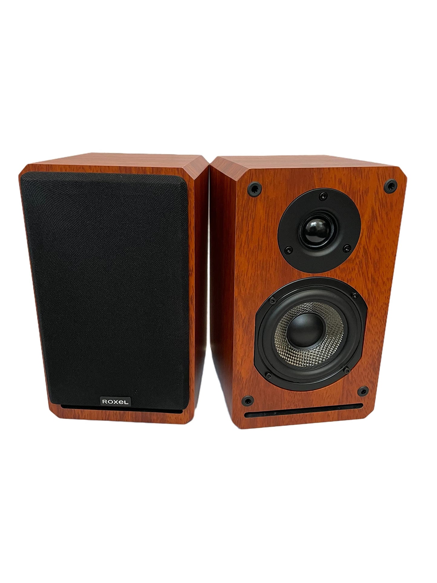 Roxel RBS 300 Bookshelf Speaker, Wood Effect Cabinet with 4 inch Enhanced Carbon Fibre Woofer, 1Inch Silk Dome Tweeter, Detailed and Refined Sound, Deep Bass 150W RMS (Cherry Wood)