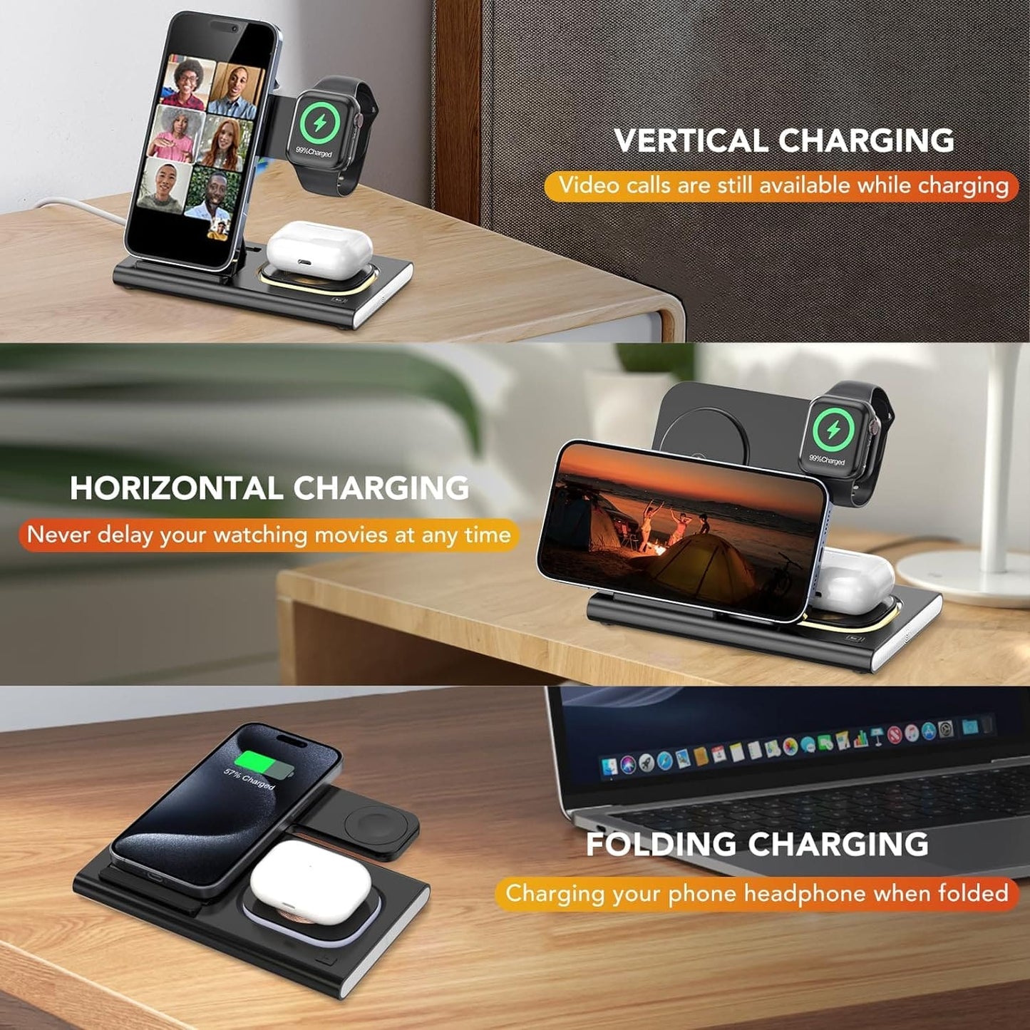 Aimtel 4 in 1 Foldable Charging Station Compatible for Apple Products,Fast Wireless Charger Travel&Light for iPhone 16/15/14/13/12/11/X/8,iWatch 10/Ultra 2/9/Ultra/8/7/6/SE/5/4/3/2,Pods 4/3/2/Pro/2