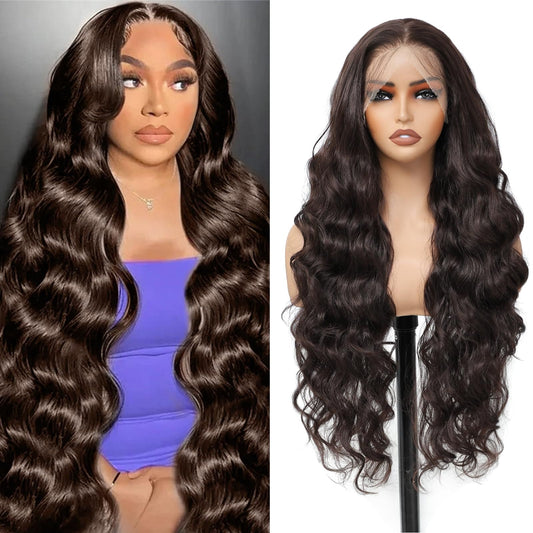 Humistwbiu Body Wave Wigs 13x6 Lace Front Wig Pre-Plucked Hairline with Baby Hair Transparent Swiss Lace Heat Resistant Synthetic Hair Glueless Lace Front Wavy Wigs for Women 32 Inch (#Brown）