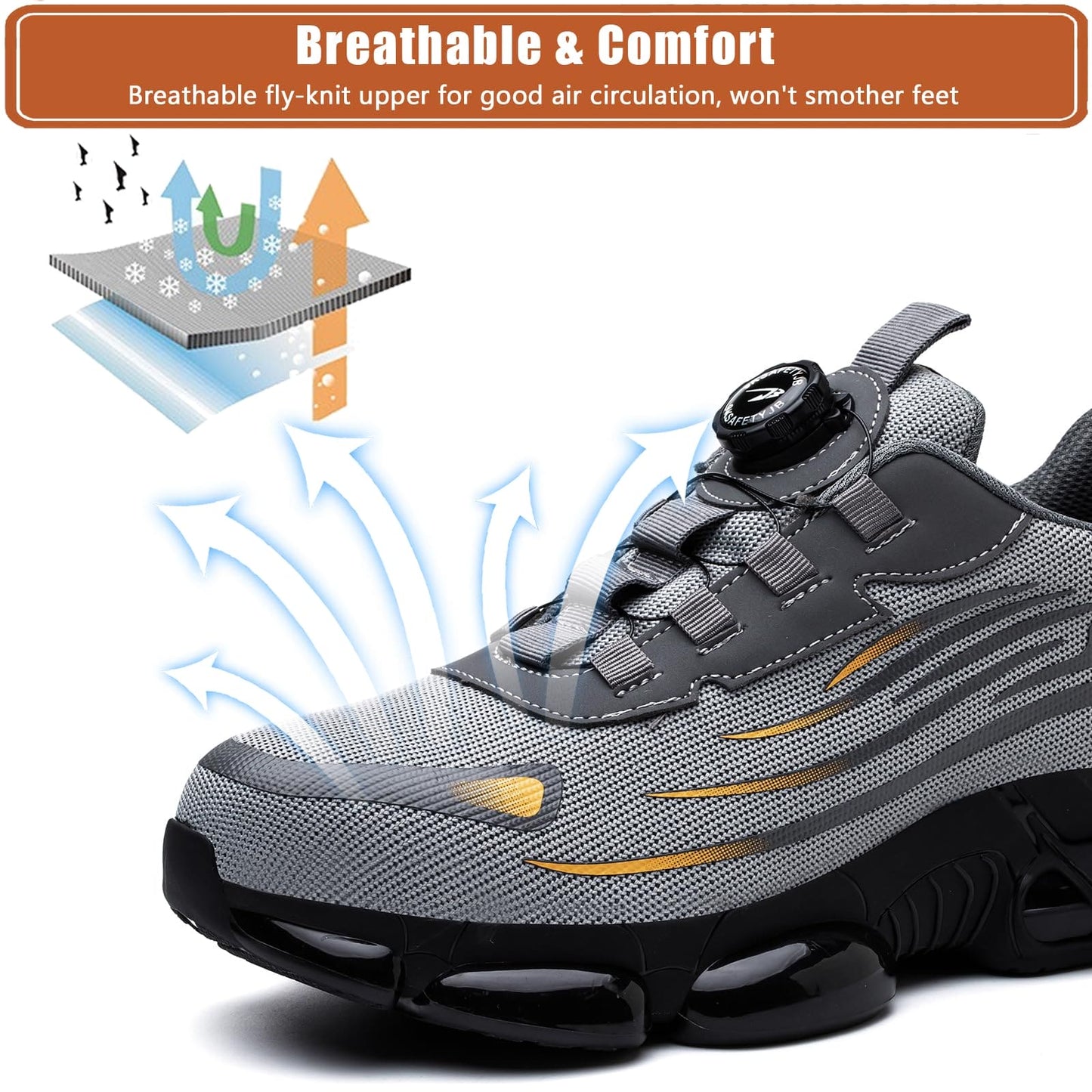 OBIDER Safety Trainers, Mens Womens Steel Toe Cap Trainers Comfortable Lightweight Safety Shoes, Upgraded Swivel Buckle Shoelaces, Non Slip Work Trainers with Air Cushion Grey