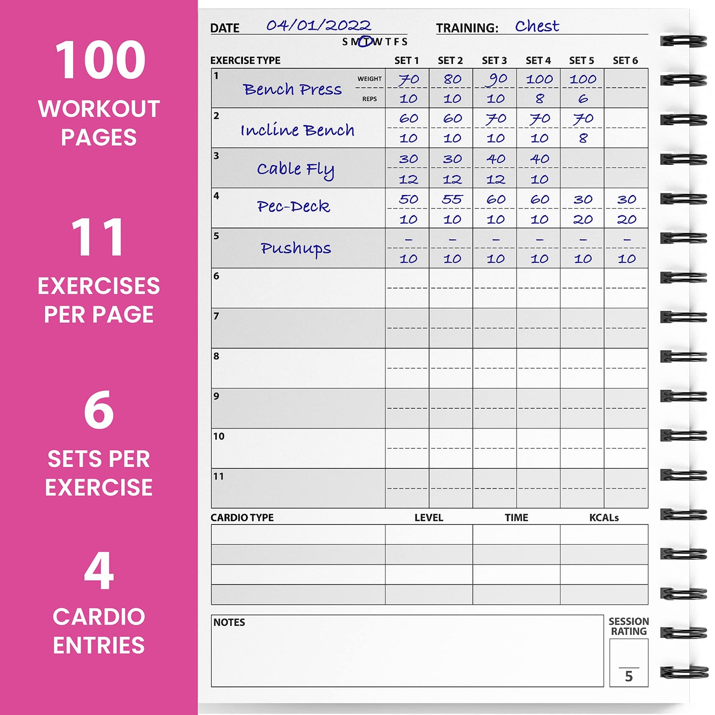 Ultimate Gym Workout Log Book, XL A5 Exercise, Fitness and Training Diary & Journal – 100 Page with Exercise, Cardio & Notes Sections, Set Goals & Track Progress - for Men and Women (Pink)