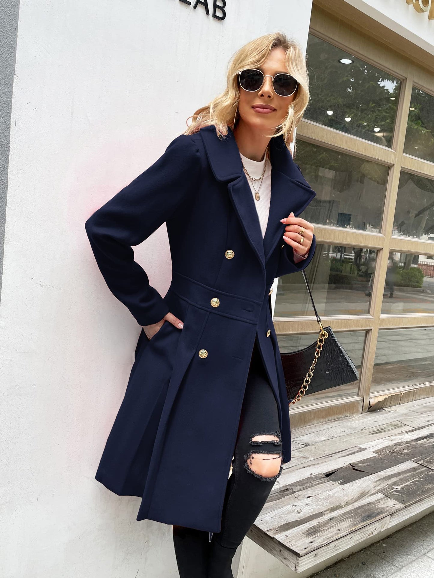 GRACE KARIN Women's Double-Breasted A Line Coat Puffed Sleeve Long Trench Coat Outwear for Winter Navy Blue A-Line Peacoat L