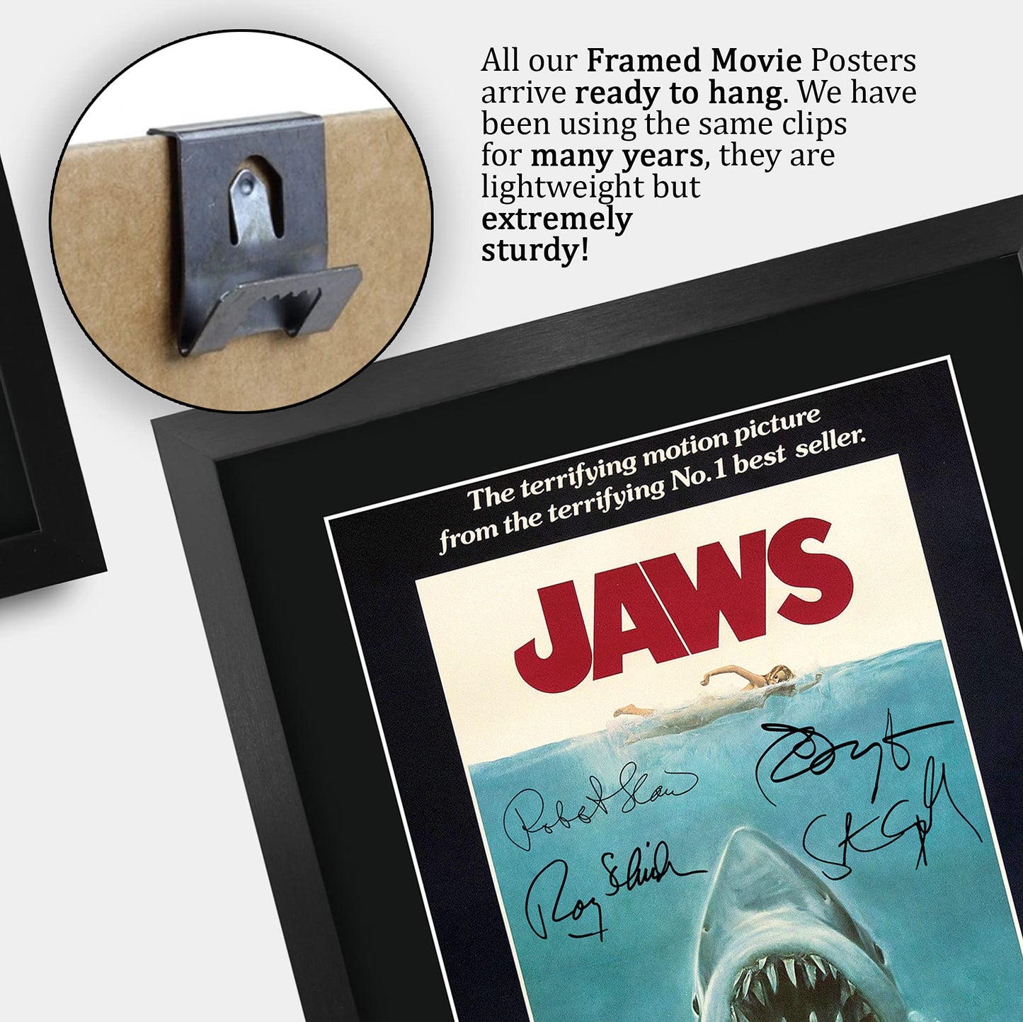 HWC Trading A3 FR JAWS Movie Poster Cast Signed Gift FRAMED A3 Printed Autograph Film Rob Scheider Robert Shaw Richard Dreyfuss Gifts Print Photo Picture Display