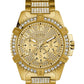 GUESS Stainless Steel Gold-Tone Crystal Embellished Bracelet Watch with Day, Date + 24 Hour Military/Int'l Time. Color: Gold-Tone (Model: U0799G2)