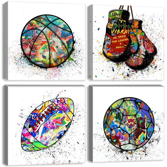 Sports Wall Art Boys Room Wall Decor Graffiti Decor Colorful Basketball Soccer Football Boxing Canvas Pictures Abstract Street Pop Art Posters Prints Paintings for Boy Bedroom Artwork Decorations