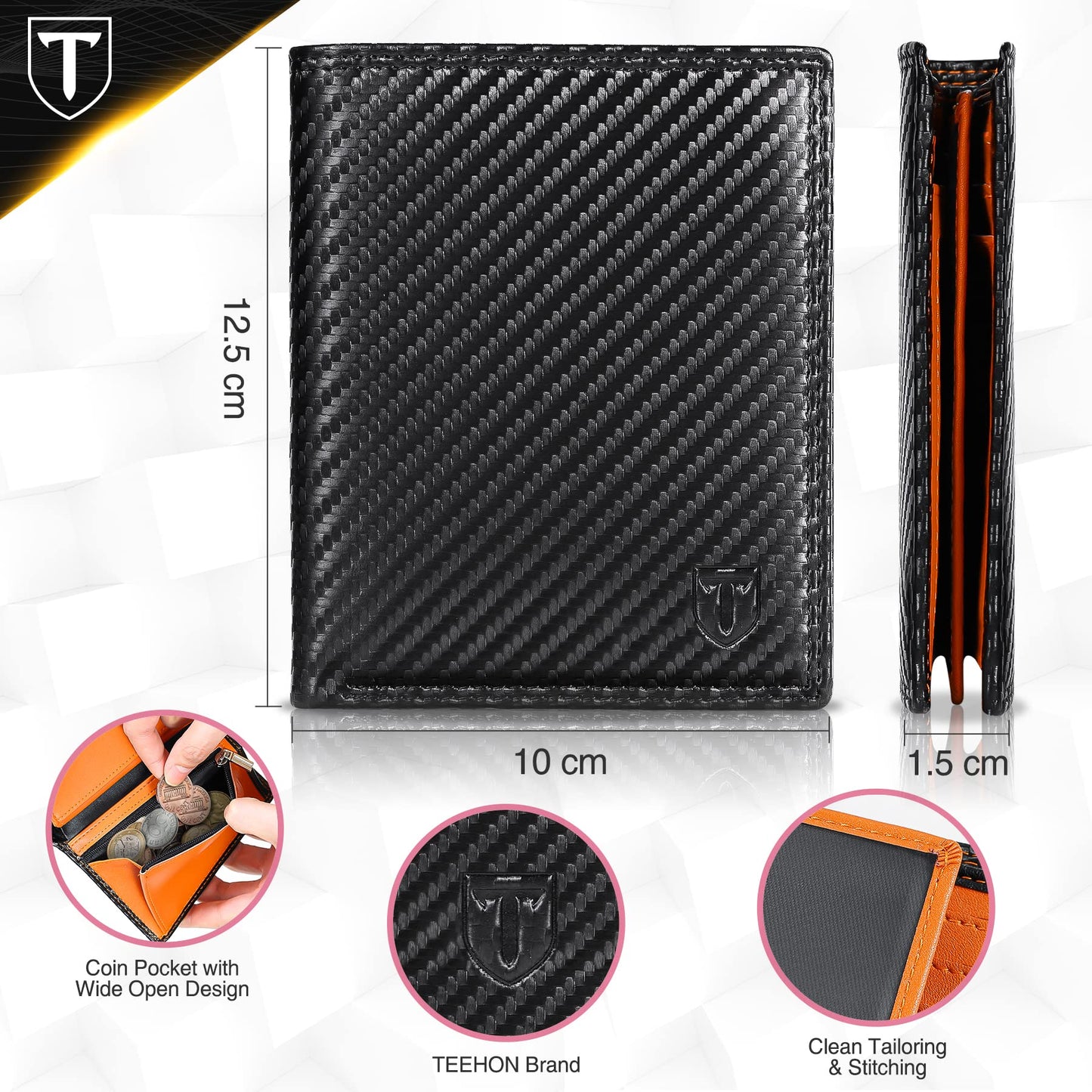 TEEHON Wallets RFID Blocking, Carbon Fiber Leather for Men UK, 12 Credit Card Holders & ID Window & Coin Pocket & 2 Banknote Compartments, Bifold Wallet with Gift Box - Black & Orange