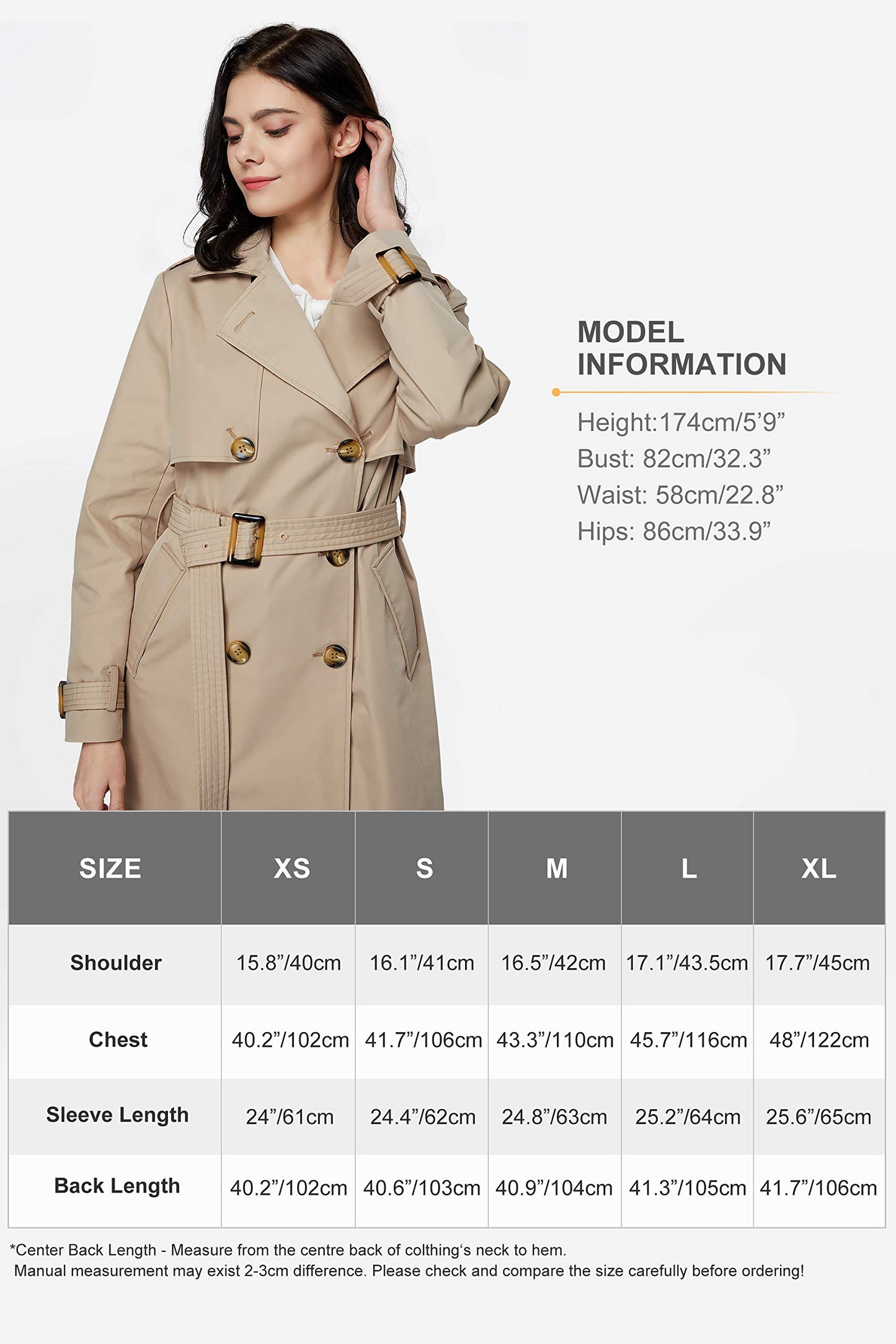 Orolay Long Trench Coat for Women with Belt Lightweight Double-Breasted Duster Trench Coat Slim Fit Khaki XL