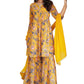 Janasya Mothers Day Gifts Yellow Georgette Digital Floral Printed Kurta with Sharara and Dupatta