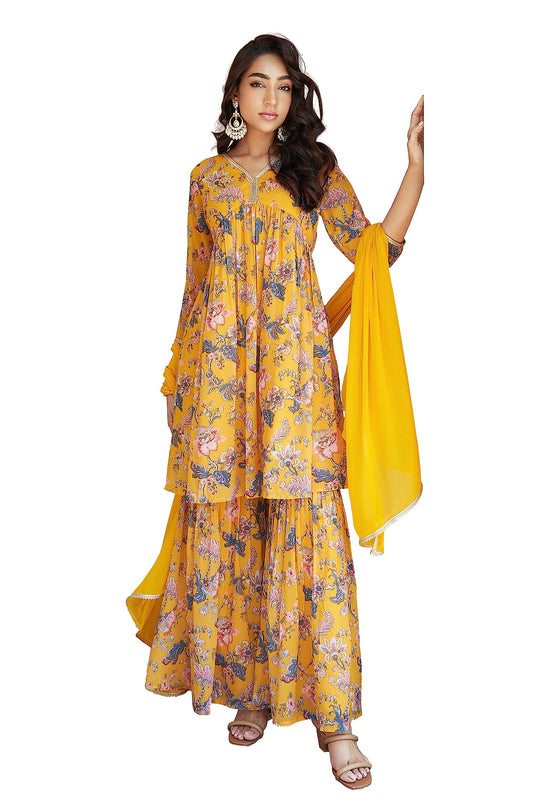 Janasya Mothers Day Gifts Yellow Georgette Digital Floral Printed Kurta with Sharara and Dupatta