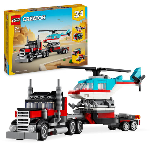 LEGO Creator 3in1 Flatbed Truck with Helicopter Toy to Propeller Plane and Fuel Lorry to Hot Rod and SUV Car Toys for 7 Plus Year Old Boys, Girls and Kids who Love Cool Vehicles, Gift Idea 31146