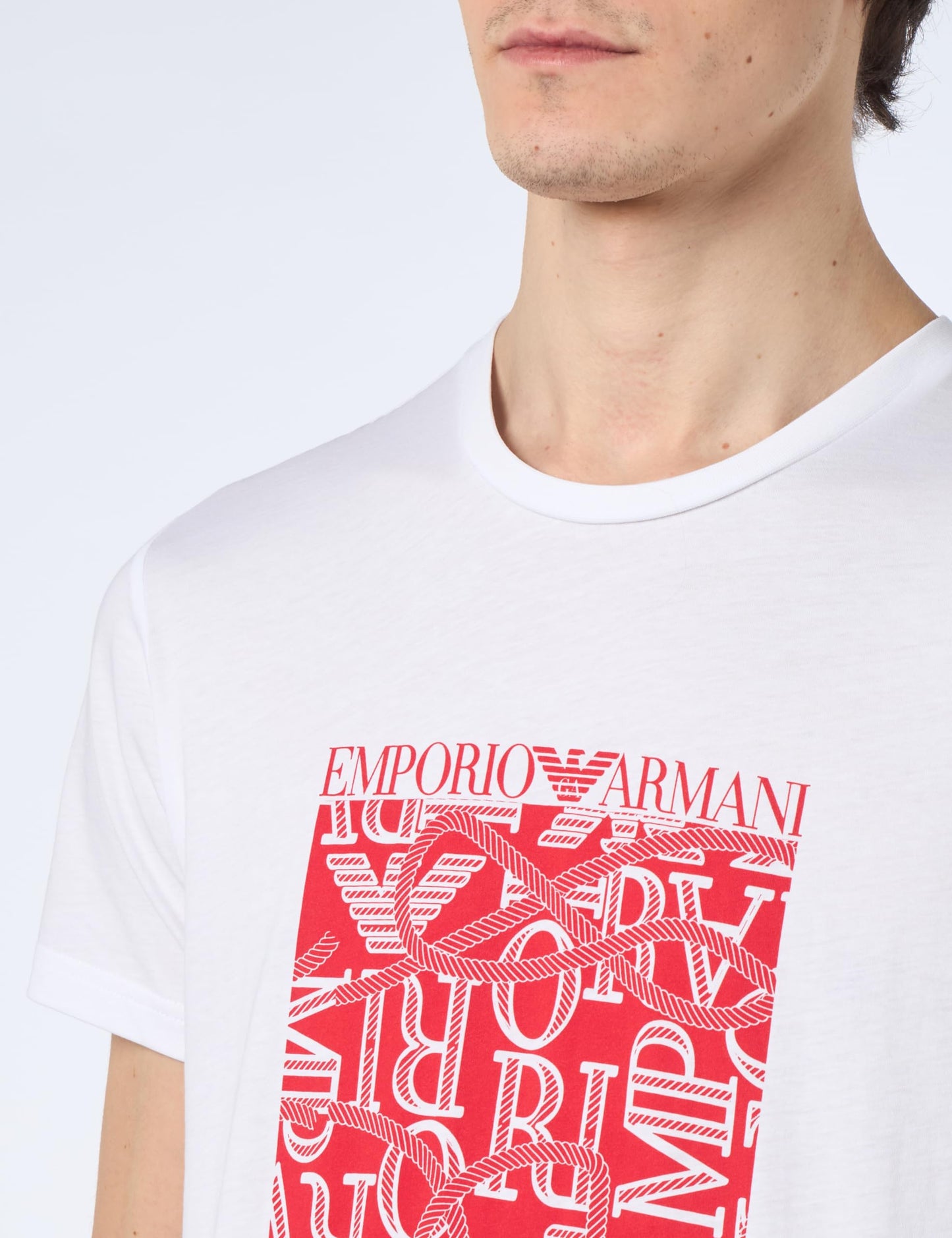 Emporio Armani Men's Ropes Macro Logo Crew Neck T-Shirt, White/RED Print, M