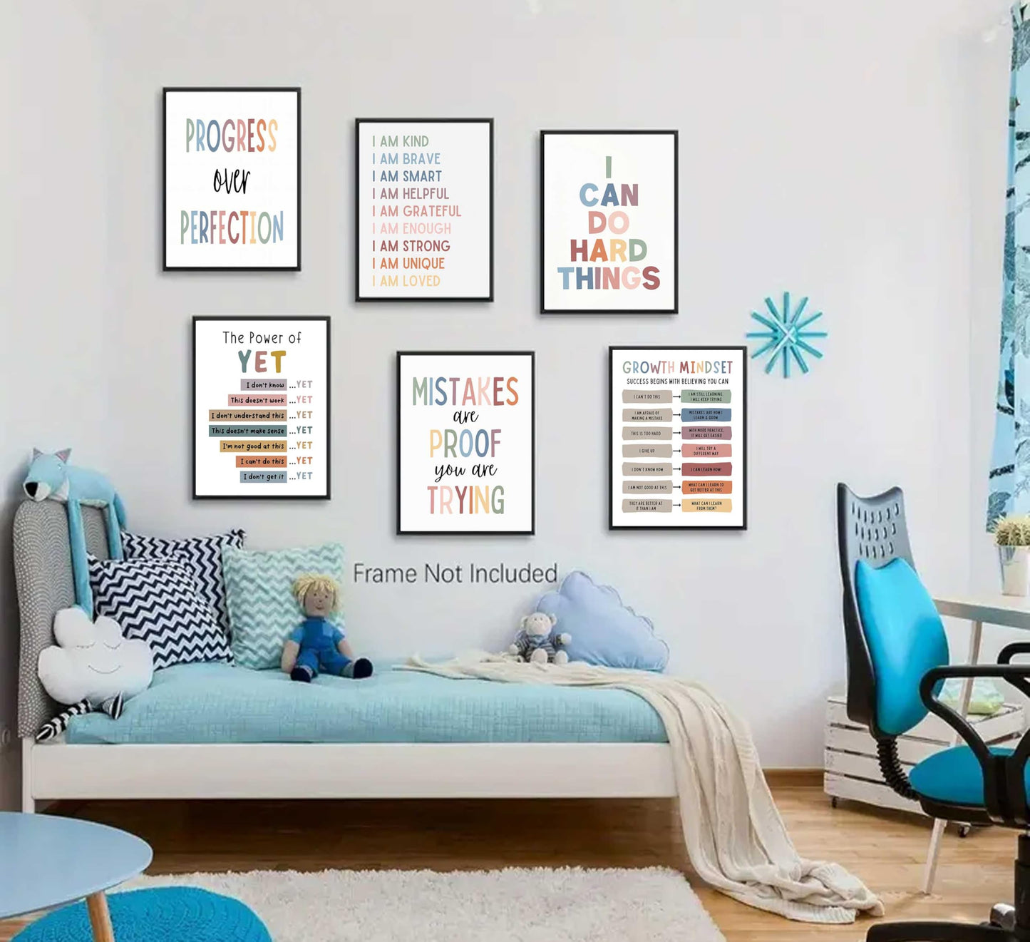 6Pcs Educational Growth Mindset Wall Art Kids Mental Health Therapy Canvas Paintings Positive Affirmations Wall Decor Boho Motivational Quotes Posters Prints for Nursery Classroom Picture Unframed