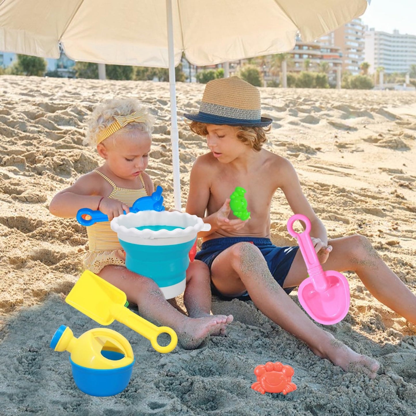 Foldable Beach Bucket Set for Kids, 8 Pcs Beach Palyset Sand Toys with Foldable Bucket, Rake, Shovel, Watering Can and Sand Moulds, Kids Play Sand Toys, Sand and Water Outdoor Fun Tools for Boys Girls