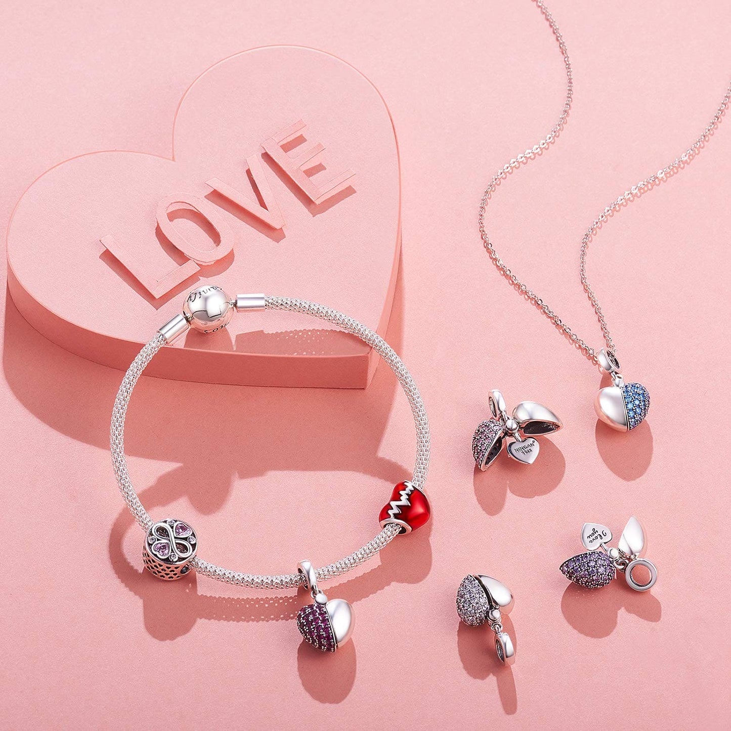 NINGAN “I Love You” Heart Pendant Charm 925 Sterling Silver Dangle Charms Compatible With European Bracelets & Necklaces