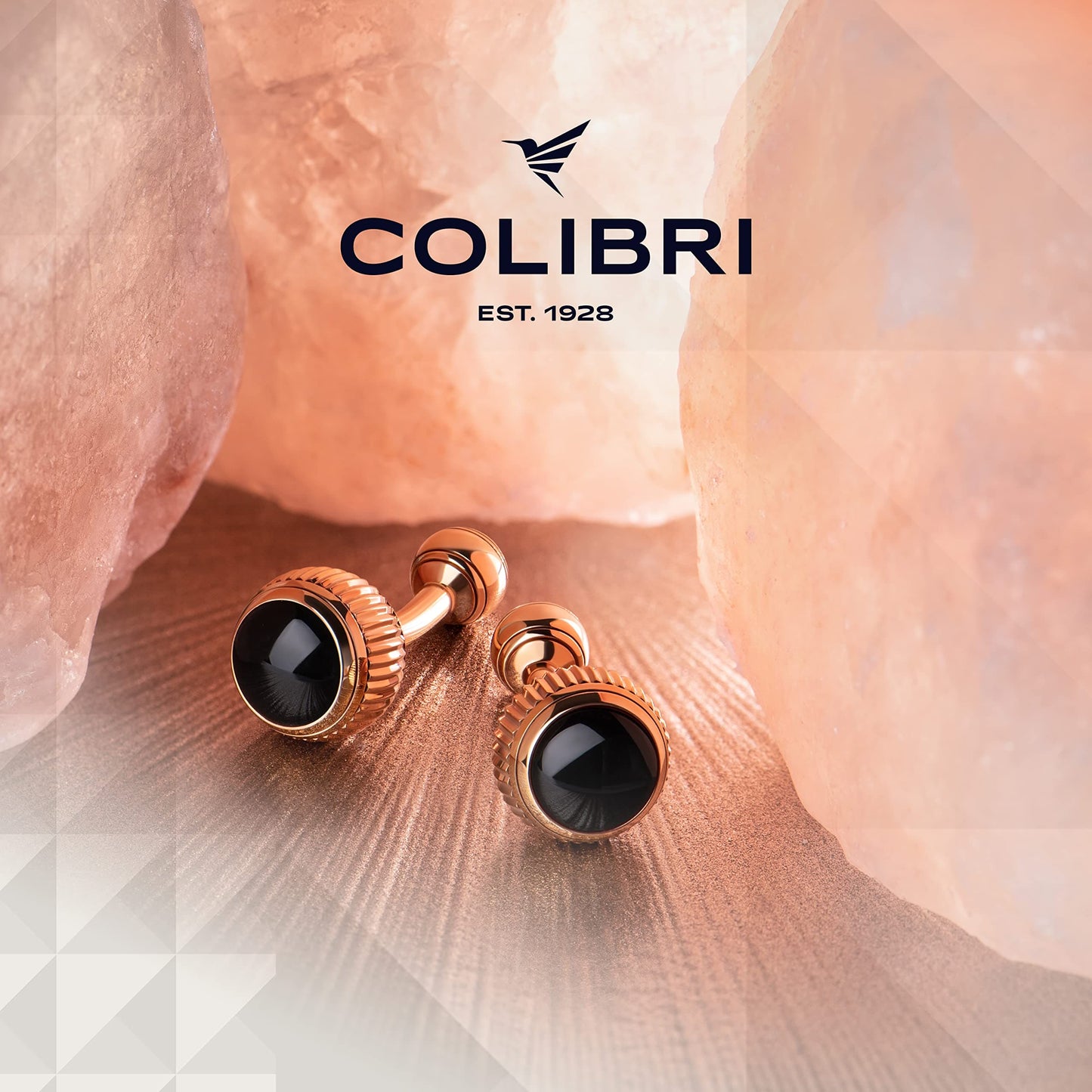 Colibri Hamilton Cufflinks For Men - Designer Cufflinks with Black Onyx Stone Inlay - Ball Return Closure - Polished Stainless Steel with Rose Gold Finish - Gift Box