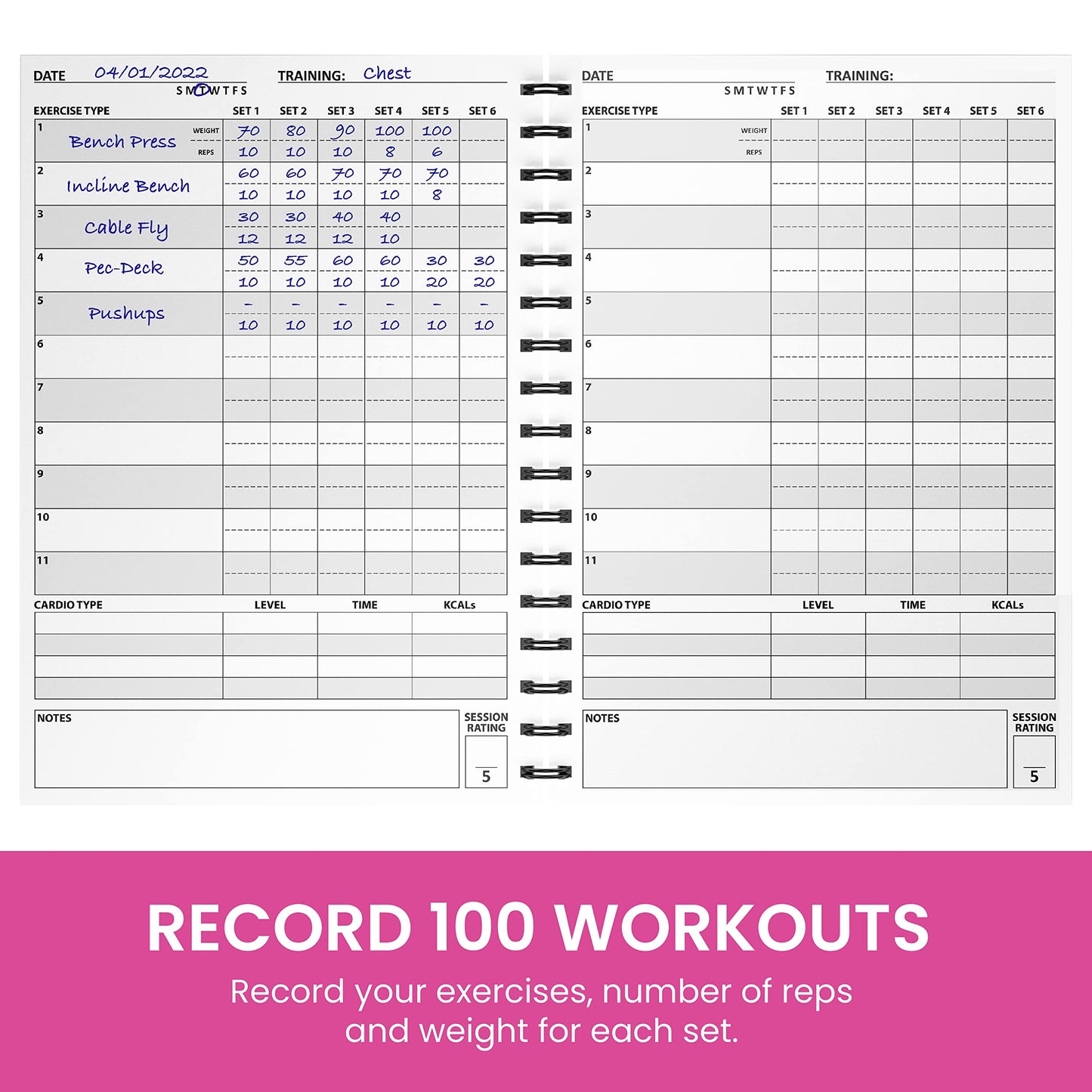 Ultimate Gym Workout Log Book, XL A5 Exercise, Fitness and Training Diary & Journal – 100 Page with Exercise, Cardio & Notes Sections, Set Goals & Track Progress - for Men and Women (Pink)