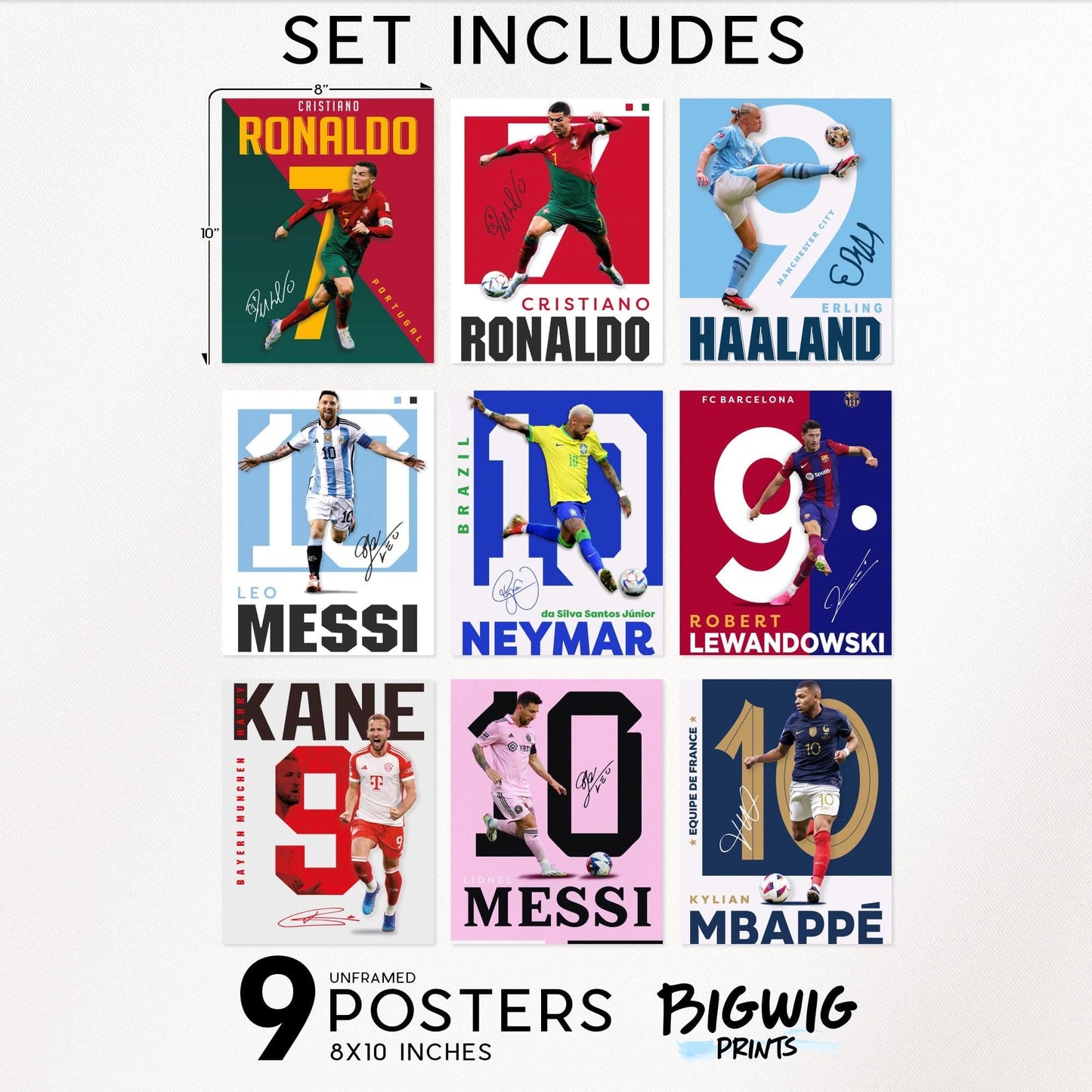 BigWig Prints Soccer Poster - Soccer Posters For Boys Bedroom, Messi And Ronaldo Poster, Messi Posters For Boys Bedroom, Soccer Wall Art, Messi Wall Art, Ronaldo Posters - Unframed Set Of 9 (8x10”)