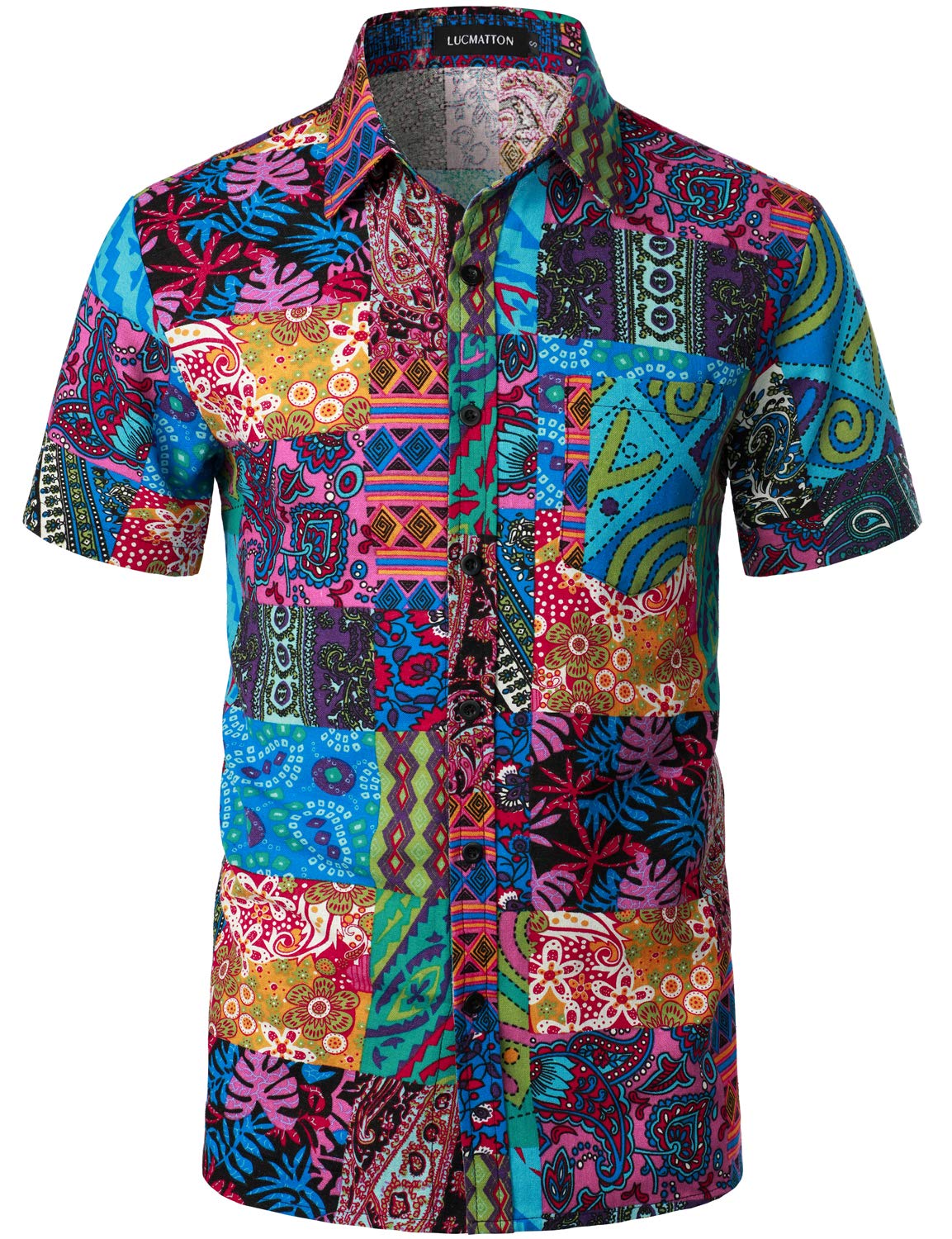 LucMatton Men's Summer Linen Boho Floral Print Short Sleeve Button Down Hawaiian Beach Shirts Blue Pink Medium