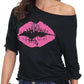 ELFIN 80s T Shirt Fancy Dress Costume for Women Off Shoulder Tops Sexy Lips Printed Casual Jumper Shirts