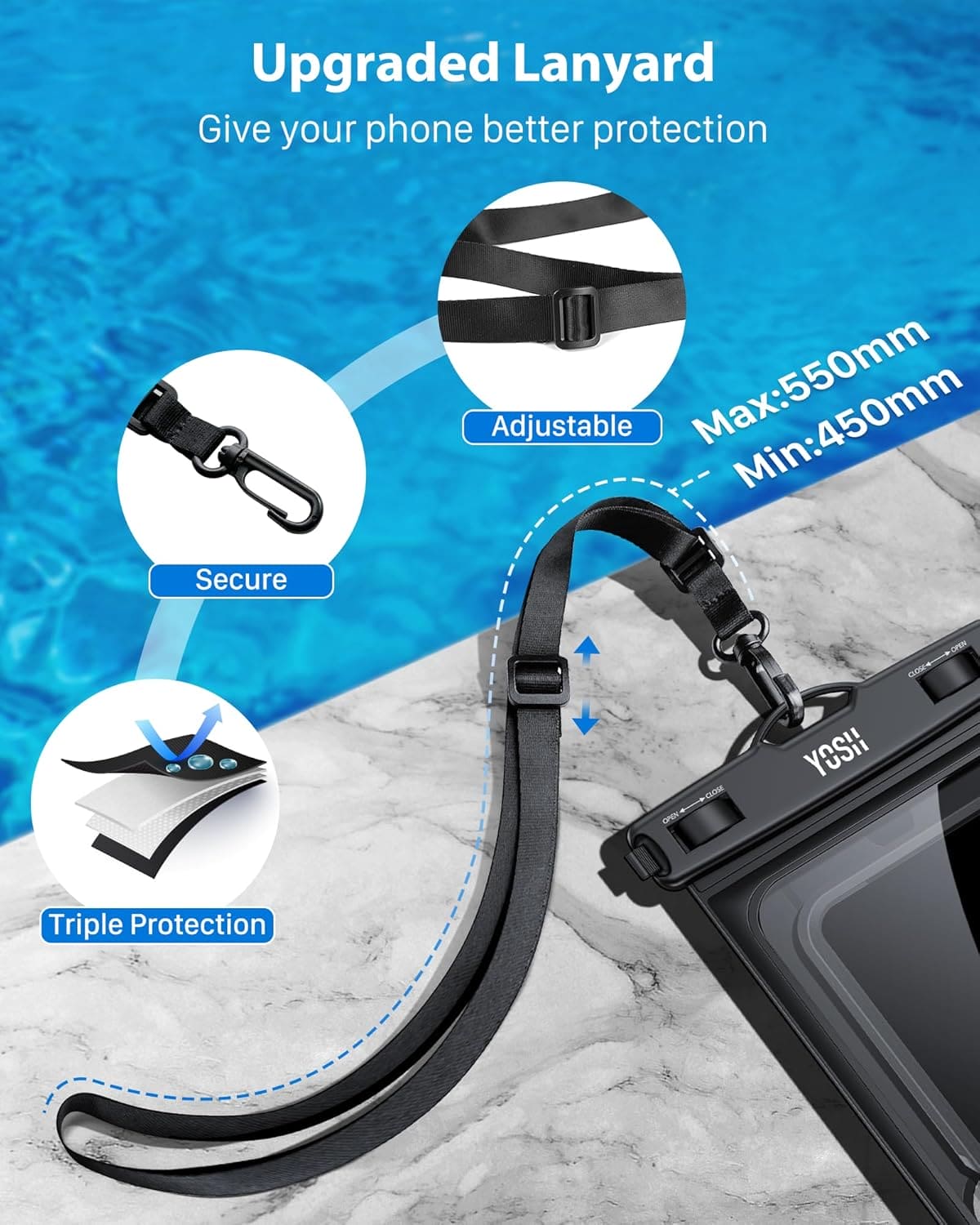 YOSH Waterproof Phone Pouch, IPX8 Underwater Waterproof Phone Case for Swimming, Waterproof Phone Dry Bag upgraded Lanyard for iPhone 14 13 12 11 XS XR X 8 7, S23+ S23 A14, Huawei, Xiaomi up to 9.0"