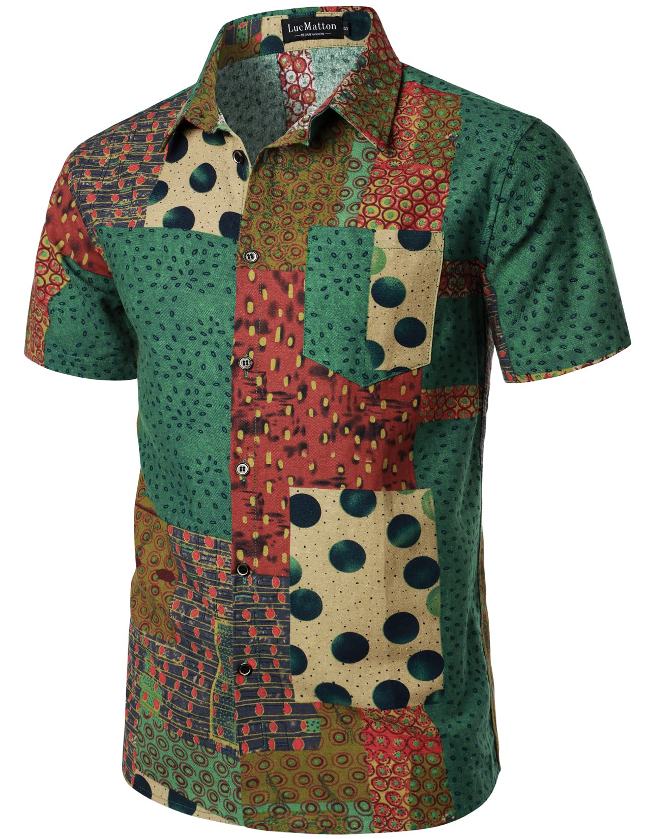 LucMatton Men's Casual Linen Breathable African Print Shirt Summer Short Sleeve Button up Hawaiian Tops Green Medium