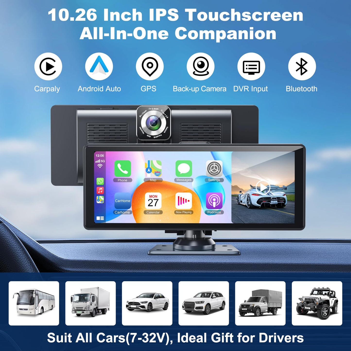 Portable Wireless Carplay& Android Auto Car Screen,10.26 Inch IPS Touchscreen with 4K Dashcam and HD Back-up Camera Support Bluetooth/Siri/Google/GPS/Mirror-Link, Double Din with 64G TF Card Included